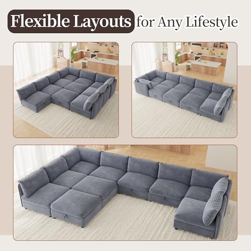 Image of Oversized Corduroy Modular Sectional Sofa Bed with Hidden Storage, Convertible L U Sleeper Couch, 10-Seat Modular Sofa Free Combination with Ottoman & Removable Covers for Living Room, Gray