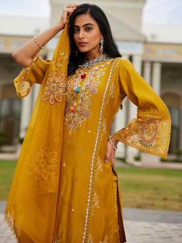 Image of INDO ERA Women's Silk Blend Embroidered Straight Kurta Pant with Dupatta (Ieout6967)