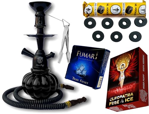 Image of Premium Glass Hookah Set with Free Tongs, Charcoal, 2 Flavours (0% Tobacco & Nicotine), 40 cm Height (Black Combo 10 Inch)