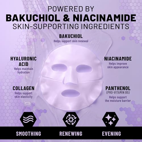 Image of TOLEVITA Bakuchiol & Niacinamide Bio-Collagen Face Mask for Smoothing & Renewing - 6 Pack, Overnight Hydrogel Mask for All Skin Types (Purple)