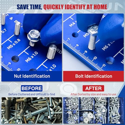 Thread Checker, Nut and Bolt Thread Checker, Thread Checker Standard and Metric, Identify 16 SAE & 15 Metric Sizes, Bolt Size Finder, Stainless Steel Thread Gauge Gifts for Men