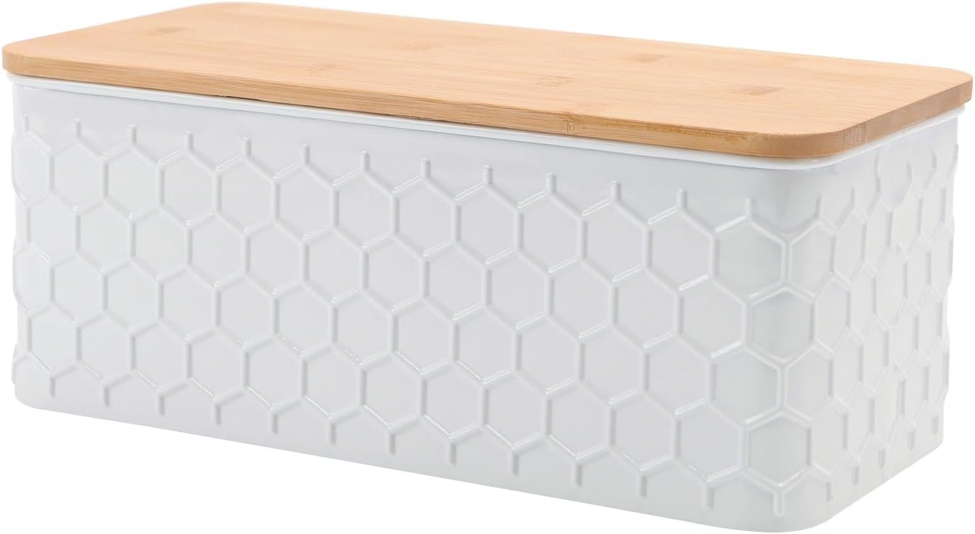 NIKKY HOME White Bread Box with Bamboo Cutting Board Lid, Bread Box for Kitchen Countertop, Farmhouse Breadbox Storage Bin Container Holder, Honeycomb Embossed Pattern