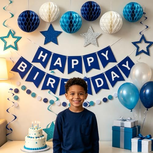 Image of Blue Birthday Decorations for Men | Pre-Strung Happy Birthday Banner with Honeycomb Balls, Circle Dots & Streamers Kit