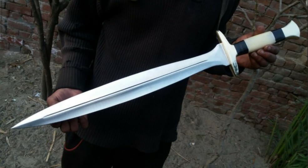 Empire -26 Inch Long Handmade J2 Steel Double Edge Combat Sword With Sheath - Camel Bone & Bull Horn Grip Hunting Sword Survival Sword Sharp edge - Traditional Hardening Process - Full Tang - Best Git