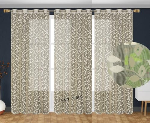 Image of Leaves Design Semi Transparent Window Curtain 5 feet Long Set of 2 pcs Drawing Room Parde | Pooja Room Curtain Panel | Sheer Curtain, Cream Color