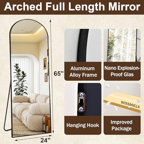 Image of 65 inch x 24 inchArched Full Length Mirror - Wall Mounted Floor Mirror- Aluminum Alloy Frame Full Body Mirror for Bathroom Living Room Bedroom and Entryway Black