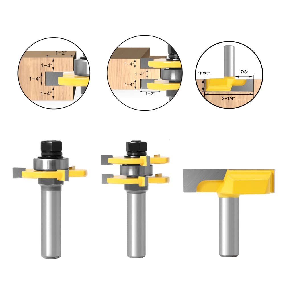 Frez do obróbki drewna Wood Top, 3 sztuk 12MM 1/2 cala Shank język rowek wspólne montaż frezy 3/4 "zapas t-slot czop frez frezowanie do obróbki drewna drewna(3PCS 12.7mm shank)