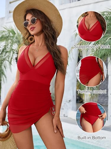 Image of Blooming Jelly Women One Piece Swim Dress Tummy Control Swimsuits Slimming Mesh Sheer Sarong Wraps Bathing Suit