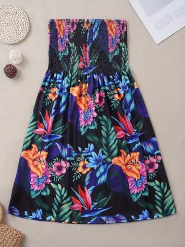 Summer Sexy Smocked Strapless Bandeau Dress for Women Beach Boho Strapless Cover Ups Off Shoulder Floral Sundresses3