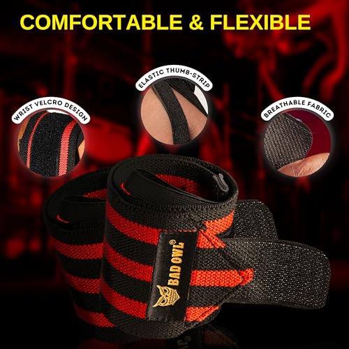 Image of BADOWL Wrist Support for Gym & Fitness - Heavy-Duty Adjustable Straps with Reinforced Thumb Loops, Breathable Wrist Wraps for Men & Women, Weightlifting & Strength Training Gear (RED)
