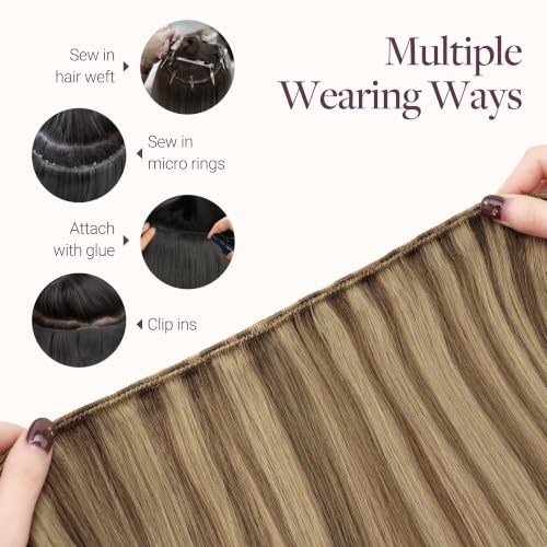 Image of GOO GOO Sew in Hair Extensions Real Human Hair, Weft Hair Extensions Human Hair, #12A /18H Ash Beige Blonde Blend 16 Inch 100g, Weft Bundles Straight Silky Remy Hair