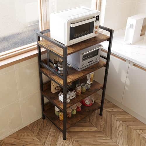 Image of HOME CUBE 4-Tier Metal Storage Shelf with Wooden Shelves, Kitchen Organizer Rack, Microwave Stand, Bookshelf, Standing Shelf Units, Multipurpose Storage Rack for Living Room, Office, Garage, Shops