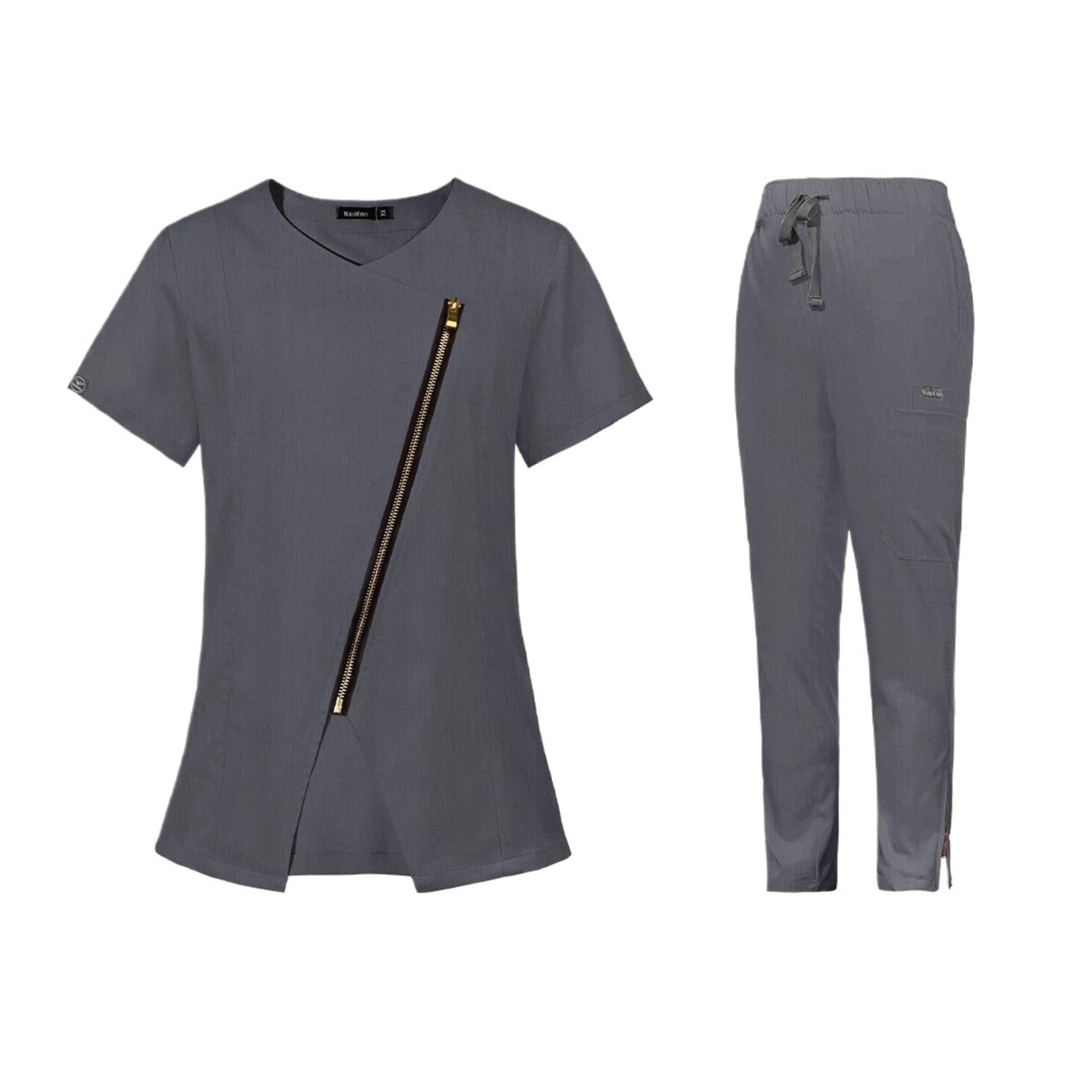 Abbigliamento da Lavoro da Infermiera for Donna Scrub Uniforme da Sala operatoria Top e Pantaloni Toelettatori Set Sanitario con Cerniera veterinaria for Animali Domestici(Gray,XL)