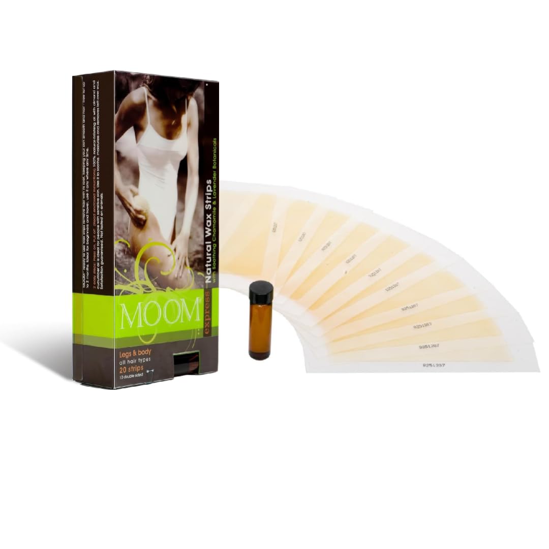 MOOM Express Wax Strips with Chamomile & Lavender, Hair Removal Kit with Finishing Oil – Legs, Bikini, Face & Body, 10 Double-Sided Strips (1 Pack), 20 Count