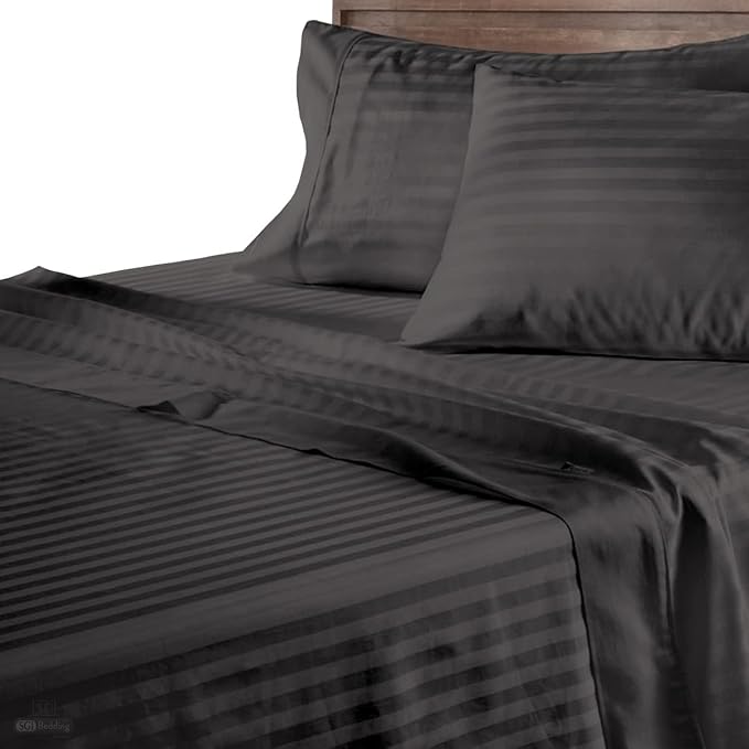 SGI King Size Fitted Bed Sheet (6x6.5 Feet/72x78 Inch) with 2 Pillow Covers 600 Thread Count Egyptian Cotton Dark Grey Stripe Smooth Durable All Around Elastic Sheet