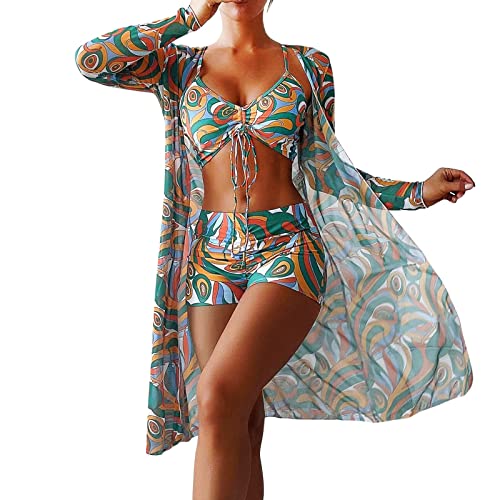 Bikinis de Cintura Alta 2023, Conjunto de Bikini Sexy de 3 Piezas, Traje de Baño Tipo Pareo para Mujer, Traje de Baño de Manga Larga con Realce, Ropa de Playa Bañador Niña 7 AñOs(B-D,M)