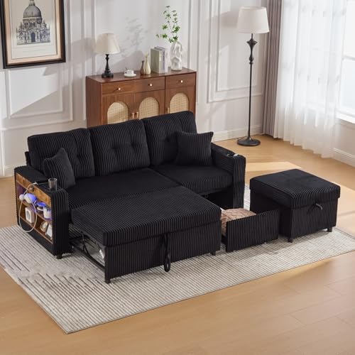 EURHCIO Canapé 3 Places Convertible en Velours Côtelé,Canapé d'angle Modulable,avec Espace de Rangement,Port USB Type-C,éclairage LED et...