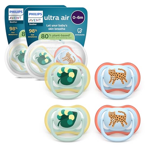 Philips Avent chupetes ultra air: diseño anatómico, para bebés de 0 a 6 meses, tetina simétrica de silicona suave, sin BPA, 2 estuches esterilizadores, paquete de 4, SCF087/19 Philips Avent chupetes ultra air: diseño anatómico, para bebés de 0 a 6 meses, tetina simétrica de silicona suave, sin BPA, 2 estuches esterilizadores, paquete de 4, SCF087/19