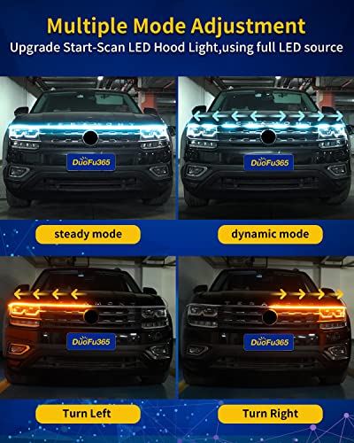 Image of Exterior Car LED Hood Light Strip,Dual Color Dynamic Scan Start Up Hoodbeam Kit,Led Daytime Running Lights Ice Blue&Amber Switchback Sequential Turn Signal Lights for Cars, Trucks,SUV(59inch /1set)