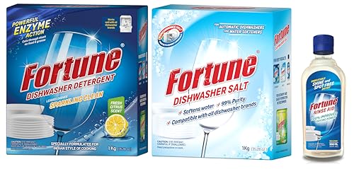 FORTUNE DISHWASHER STARTER COMBO - Dishwasher Detergent 1kg (Pack of 1), Salt 1kg (Pack of 1) & Rinse Aid 500ml (Pack of 1)