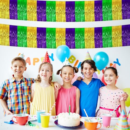 Image of 5 Pack 10 Feet Mardi Gras Foil Fringe Garland Mardi Gras Parade Float Fringe Metallic Streamers Tinsel Fringe Banner for Birthday Party Decor St Patrick Halloween Christmas Decoration