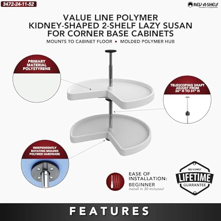 Rev-A-Shelf 2 Tier Kidney Cut Lazy Susan for Corner Base Cabinets, Plastic, 24 Double Shelf Swivel Kitchen Spice/Can Organizer, White, 3472-24-11-52