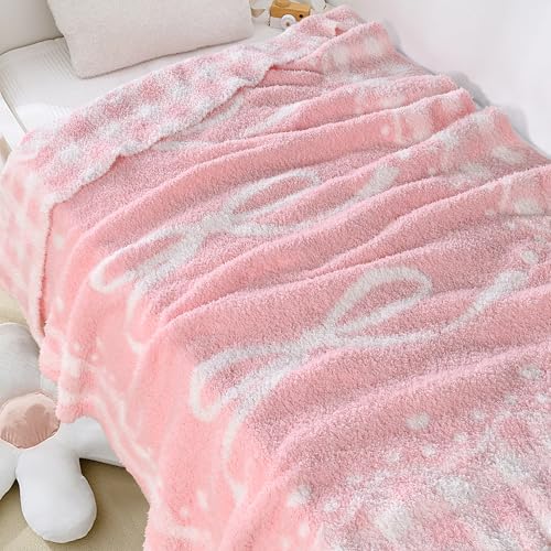 Image of Pink Bow Baby Blanket - Soft Knitted Throw with Adorable Bow Detail for Baby Girls, Nursery Bedding & Shower Gifts - Warm & Gentle, 30x40 Inch