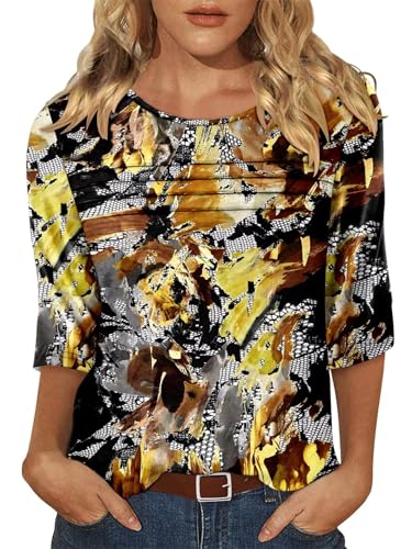 KISSMODA Women's Casual 3/4 Sleeve T-Shirts Round Neck Cute Tunic Tops Basic/Pleated Summer Tops Trendy Spring Blouses