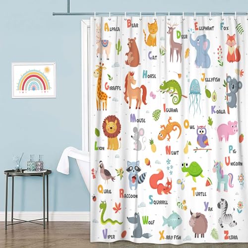 Image of Kids Alphabet Shower Curtain for Bathroom Decor, ABC Educational Learning Tool Bath Curtain,Cute Cartoon Animals Colorful Girls Boys Art Printed Fabric Polyester Waterproof Curtain Sets 12 PC Hooks