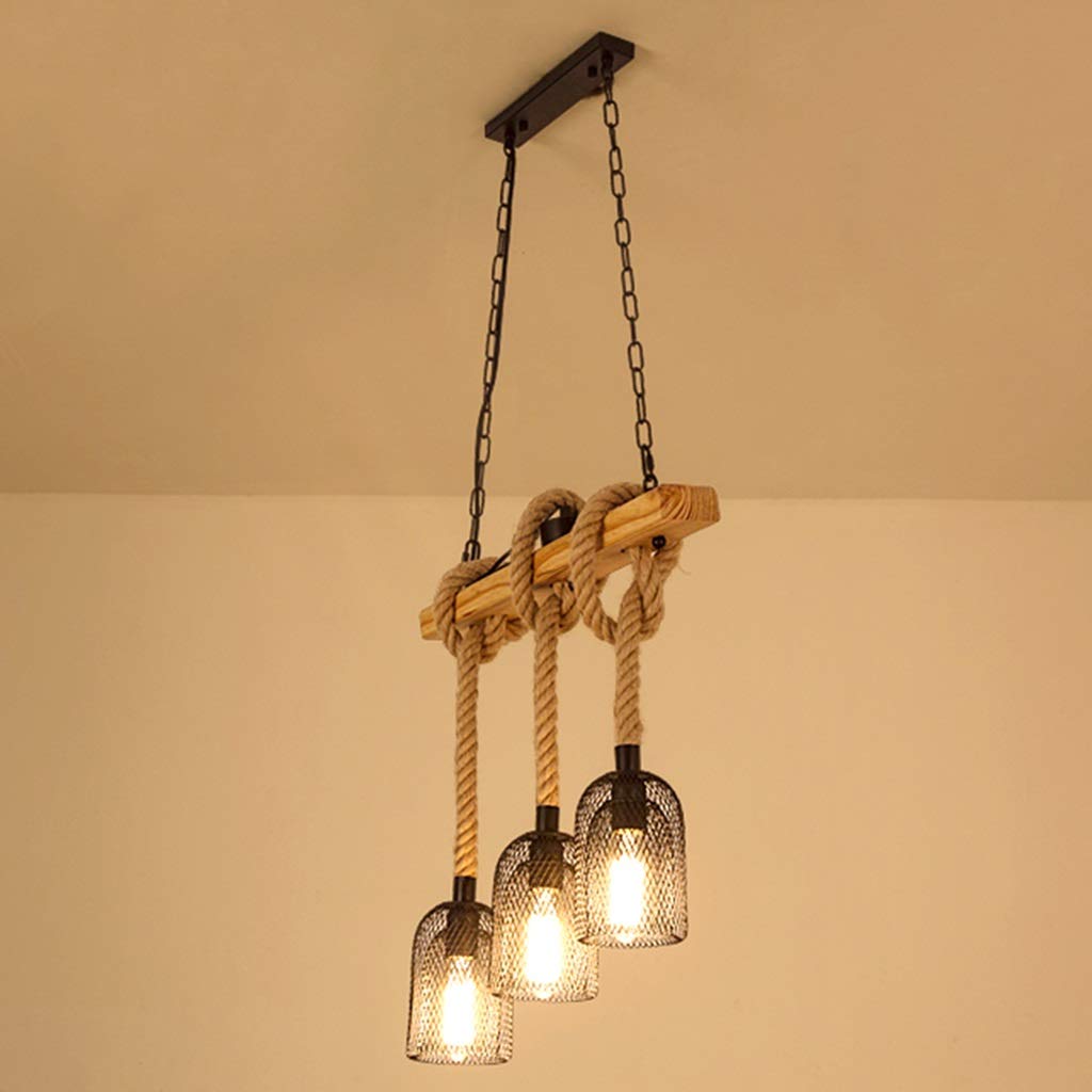 LYMSXAZOU Industrial Hemp Rope Chandelier Fitting Loft Bar Ceiling Pendant Light Fixture with Glass Lampshade Antique Wood Element Hanging Lamp for Cafe Barn Farmhouse