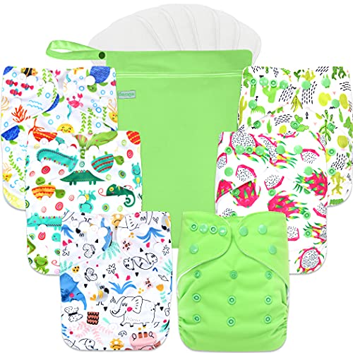 Image of Wegreeco Cloth Diapers 6 Pack with 6 Inserts & 1 Wet Bag, Washable Reusable Diapers for Babies, One Size Adjustable (Plant, Elephant)
