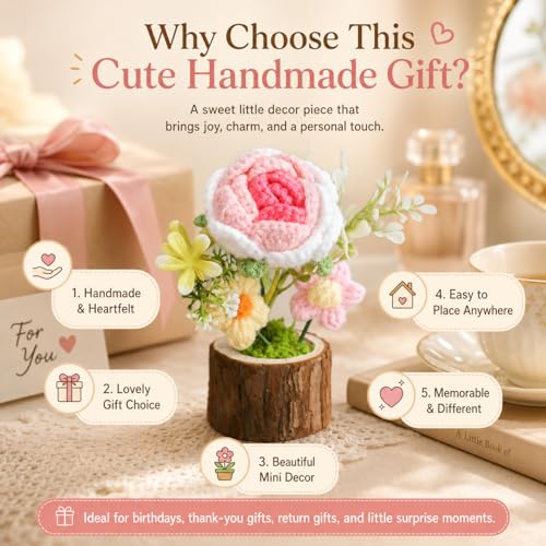 Image of Handmade Crochet Flower with Real Wood Base, 12 cm Pink White & Green Artificial Knitted Rose Bouquet for Home Office Table Shelf Desk Decor, Bedroom Living Room Gift Decoration