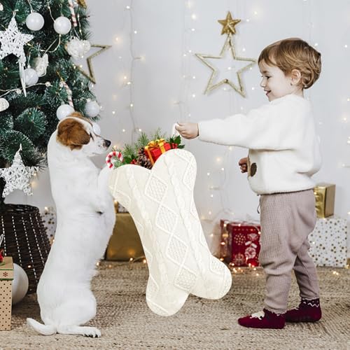 GOYOSWA Dog Christmas Stocking, 18 Inch Large Double Side Knitted Christmas Stocking for Dogs, Bone Shaped Hanging Dog Stocking for Dogs Pets (White)