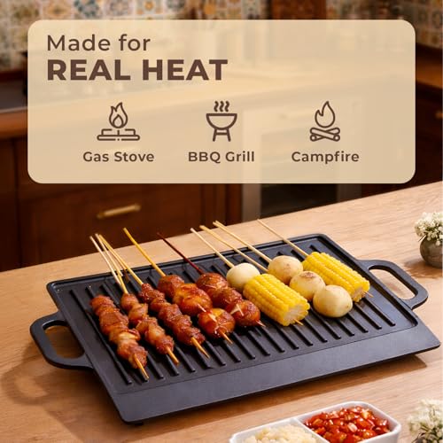 Image of Homero Cast Iron Tawa 50x23 cm - Reversible Grill Pan Cast Iron, Double Sided Grill & Flat Tawa | Pre-Seasoned Heavy Duty Barbeque Pan for Gas, BBQ & Campfire