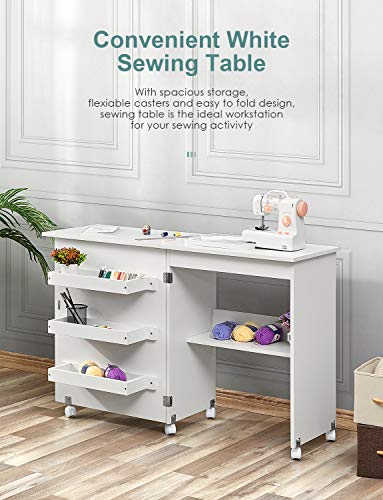 Kealive Foldable Sewing Table, Sewing Craft Cart with Adjustable Storage Shelves and Lockable Casters, Easy Assemble Multi-Function Wood Sewing Desk for Small Space, White