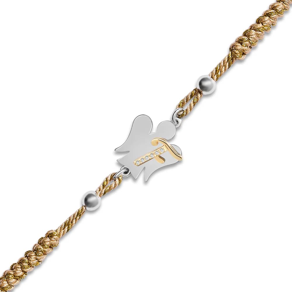 Bracciale con cordino regolabile beige e oro | Angelo e lettera in argento | L'alfabeto degli Angeli | Roberto Giannotti (F)