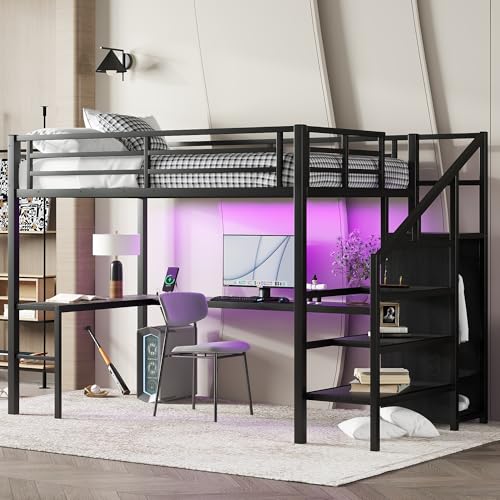 Full Size Metal Loft Bed with Desk and Wardrobe,Heavy Duty Loft Bed Frame with Storage Stairs,LED Lights and Charging Station for Kids,Teens,Adults,Space Saving,Full Size,Black