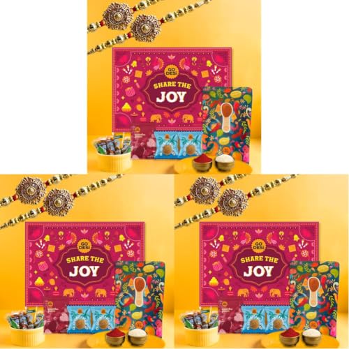 Image of GO DESi Rakhi Gift Box - 12 Items | Rakhi Gift for Brother | Double Rakhi for Brother | Coconut Laddu, DESi POPz, Meetha Paan, Roli Chawal | Raksha Bandhan Sweets Combo Hamper | Share the Joy | 77 grams