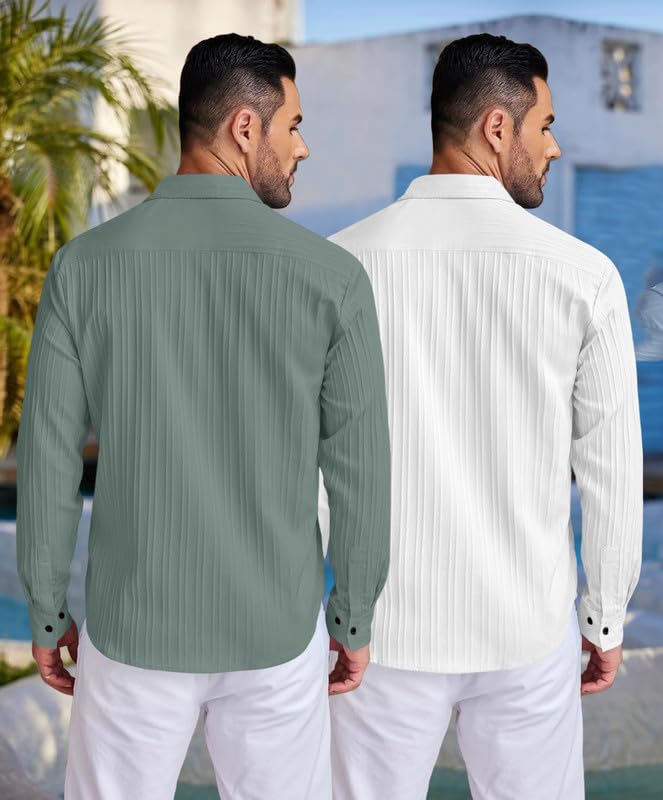 Image of FINIVO FASHION Men's Cotton Blend Shirt Set Lightweight, Full Sleeves, Plain Texture, Button Closure, Summer Ready (Pack of 2)
