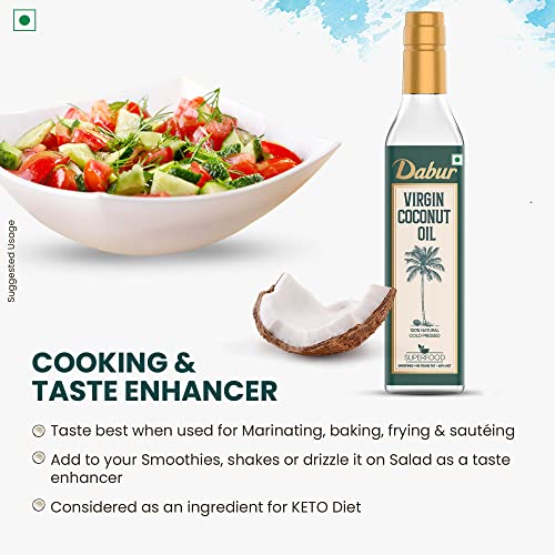 Image of Dabur Pure & Unrefined Cold Pressed Virgin Coconut Oil | 1L | Naturally Cholesterol Free | Rich Aroma & Flavour of Natural Coconut Oil | For Daily Cooking with Multipurpose Usage | Finest Quality Coconuts | No Trans Fat | 60% MCT | Anti-spillage bottle