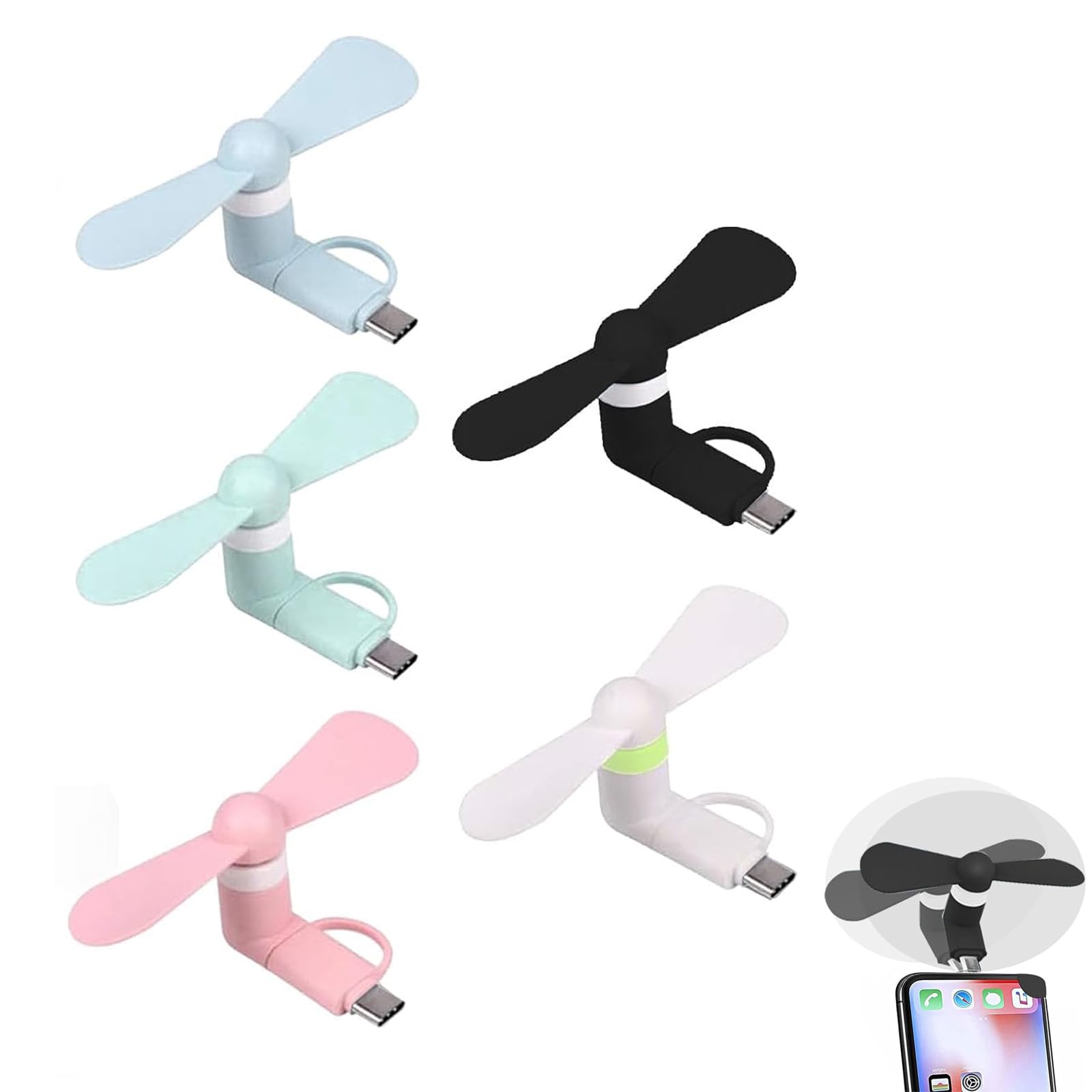Rakiuty Mini Mobile Phone Fan, Mini Mobile Phone Fan, 5 Pieces Portable Cooler Rotating Fan, USB Fan Small Quiet, 2-in-1 Fan for Android Phones / Type-C Phones-image-24