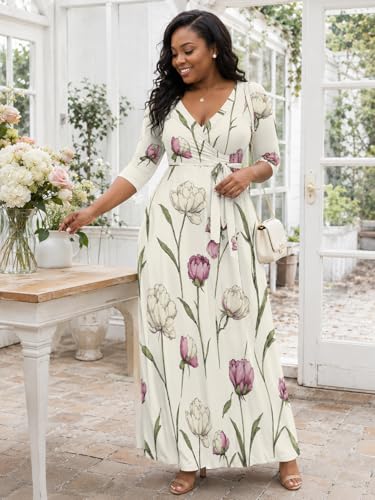 Image of SUZONANA Plus Size Dresses for Women Floral Print Maxi Dress Flowy 3 /4 Sleeve with Belt