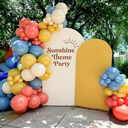 Image of Blue Orange Yellow Balloons, 60 Pcs 12 Inch Retro Blue Orange Mustard Yellow Slate and White Beige Latex Helium Balloons for Boho Rainbow Theme Baby Shower First Birthday Party Decorations