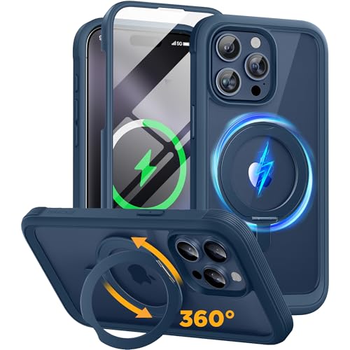 Image of Miracase for iPhone 15 Pro Max Case with 360 Magnetic Ring Stand [Compatible with Magsafe] Full-Body Drop Proof Bumper Phone Case with Built-in 9H Tempered Glass Screen Protector,Blue