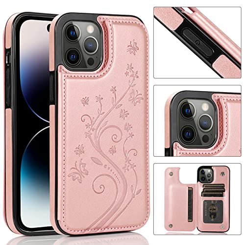 Phone Case for iPhone 14 Pro Max 6.7 inch with Tempered Glass Screen Protector and Card Holder Wallet Cover Stand Flip Leather Cell iPhone14promax 5G i Phone14Max Plus iPhone14 ProMax Women Rose Gold