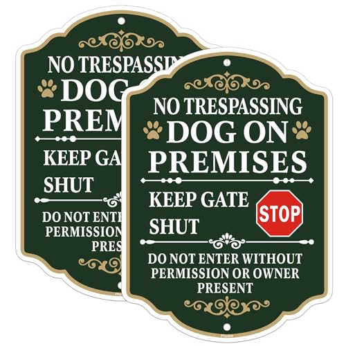 Phyabe 2 Pack No Trespassing Dog On Premises Keep Gate Shut Do Not Enter Sign 7 x 10 inch Rust Free Aluminum Beware of Dog Sign Weather Resistant Waterproof Durable Ink Easy to Install
