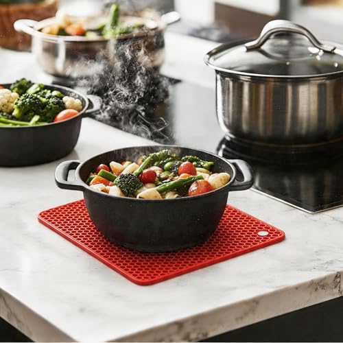 Image of Silicone Trivet Mats,Heat Resistant Pot Holders, Multipurpose Non-Slip Hot Pads for Kitchen Potholders, Hot Dishers, Jar Opener, Spoon Holder, Food Grade Silicone(red Size Square 7.1''x7.1'')