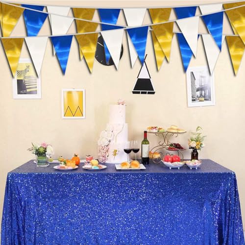 Image of 130FT Navy-Blue White Gold Triangle Pennant Banner Flag Metallic Fabric Bunting Garland for Christmas Graduation Retirement Birthday Wedding Bridal Shower Nautical Ahoy Achor Party Decorations Supply