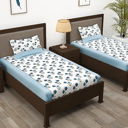 Image of Story@Home 144 TC Single Bedsheet Cotton Combo with 2 Pillow Cover | White & Blue | Floral (Bedsheet Single Bed : 57 in X 88 in & Pillow Cover : 16 in X 24 in)