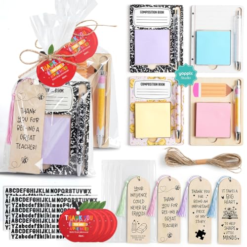 YOPPIX 4 Set Personalized Teacher Appreciation Gifts - DIY Wooden Sticky Note Holders with Bookmarks, Pens & Alphabet Stickers for Custom Name, Bulk Thank You Gifts for Teacher Appreciation Week